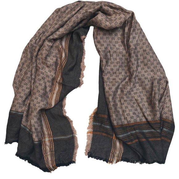 Gucci Vintage Brown Dual-Tone Monogram Orange Stripe Reversible Shawl Wrap Scarf - Picture 2 of 16